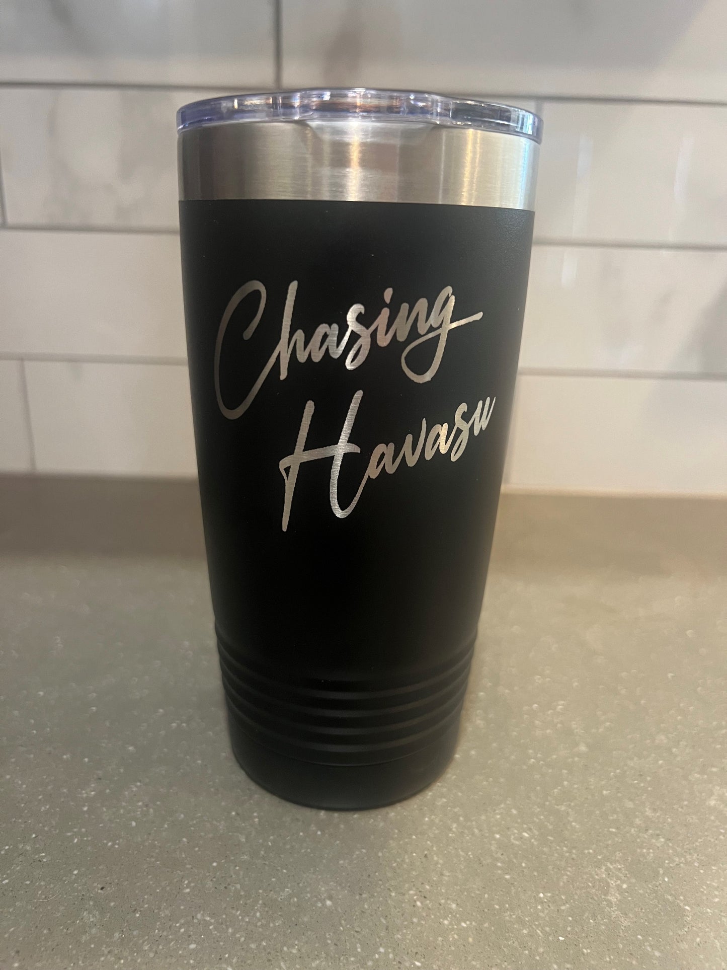 Travel Tumbler 20oz - Black with Silver Lettering