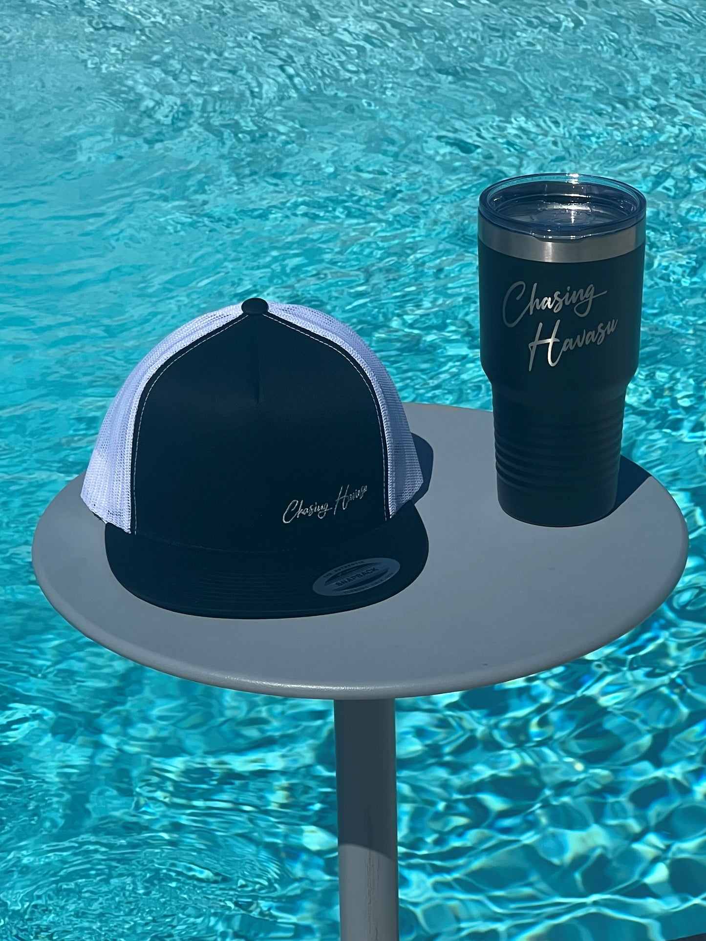 Snapback/Trucker Hat - Flat Bill - Black/White - Silver Cursive Lettering