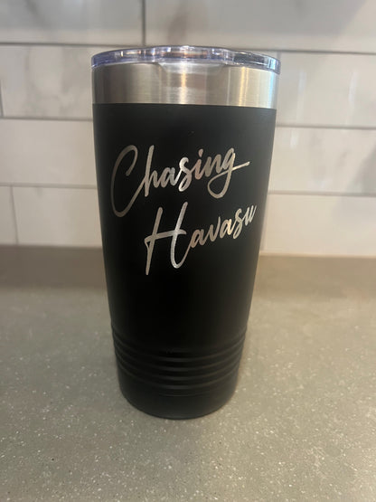 Travel Tumbler 20oz - Black with Silver Lettering