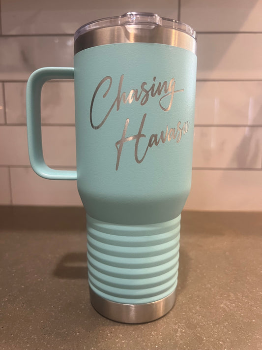 Travel Tumbler with Handle 20oz - Teal with Silver Lettering