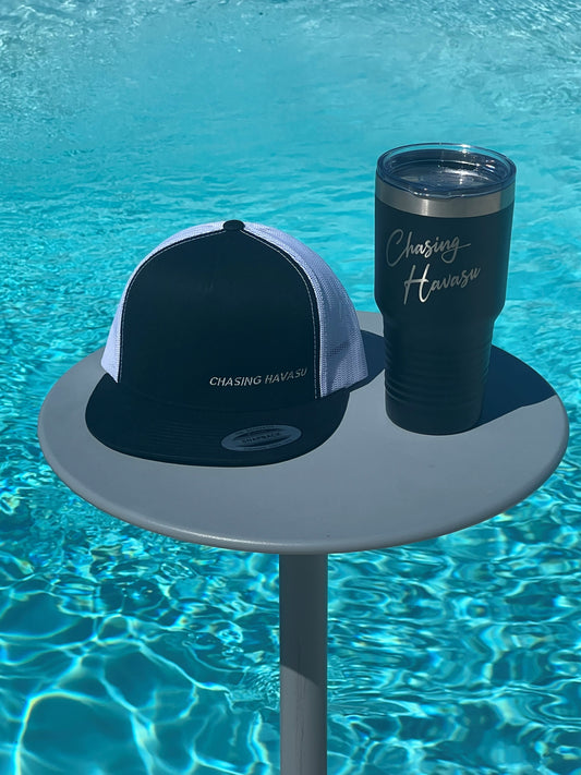 Snapback/Trucker Hat - Flat Bill - Black/White - Silver Block Lettering