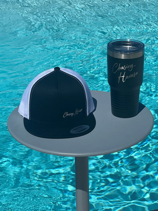 Snapback/Trucker Hat - Flat Bill - Black/White - Silver Cursive Lettering