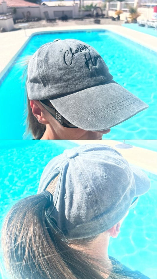 4#  Grey Ponytail Hat with Black Lettering