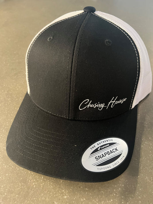 3 Snapback/Trucker Hat - Black/White - Silver Lettering